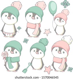 Hello winter! little cute chubby penguin is here for you. Set for gift tag, card, postcard. Penguin with pink scarf, knitted hat.  Cute cartoon baby character set. Merry Christmas. Happy New Year.
