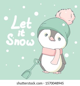 Hello winter! little cute chubby penguin is here for you. Set for gift tag, card, postcard. Penguin with pink scarf, knitted hat. Cute cartoon baby character set. Merry Christmas. Happy New Year.