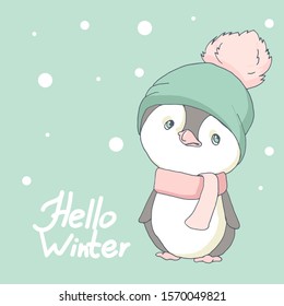 Hello winter! little cute chubby penguin is here for you. Set for gift tag, card, postcard. Penguin with pink scarf, knitted hat. Cute cartoon baby character set. Merry Christmas. Happy New Year.