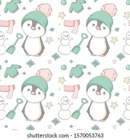 Hello winter! little cute chubby penguin is here for you. Set for gift tag, card, postcard. Penguin with pink scarf, knitted hat. Snowman. Cute cartoon baby character set. Merry Christmas.