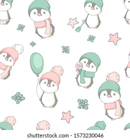 Hello winter! little cute chubby penguin. Seamless pattern. Lovely cool day. Vector illustration. Cute cartoon baby character set.