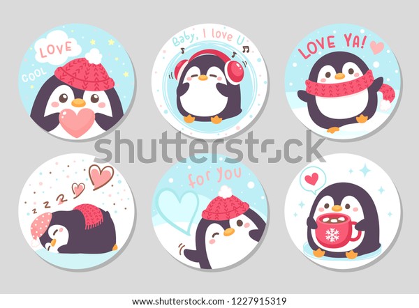 こんにちは冬 小さくて可愛い丸太ったペンギンがここにいる 円形のギフトタグ バッジ ボタンピンのセット 赤いスカーフのペンギン ニットハット すてきな涼しい日 ベクターイラスト のベクター画像素材 ロイヤリティフリー