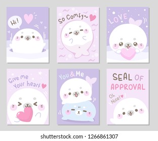 Hello winter! little cute marshmallow seal is here for you.Sweet soft pastel color. Set of rectangle gift tag, card, postcard. Funny lovely white chubby seal.Seal of approval!. Vector illustration.
