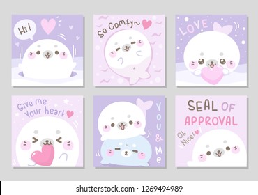 Hello winter! little cute marshmallow seal is here for you.Sweet soft pastel color. Set of square gift tag, card, badge. Funny lovely white chubby seal.Seal of approval! Vector illustration.