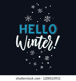 Hello Winter. Merry Christmas Calligraphy. Greeting CardTypography on Square Dark Background