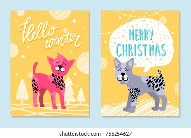 Hello winter and merry Christmas cards with friendly bullterrier and Chinese crested dog that has pink fur surrounded with stars vector illustrations.