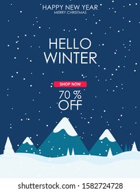 Hello winter, merry christmas, celebration card, snow background, shop now, sale banner, snowflake vector illustration