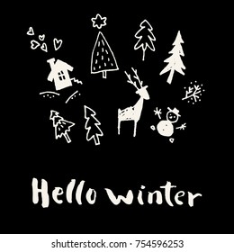 Hello Winter. Merry Christmas cute doodle calligraphic hand drawn new collection shop promo decoration in black and white. Vector illustration