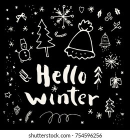Hello Winter. Merry Christmas doodle calligraphic hand drawn new collection shop promo decoration in black and white. Vector illustration