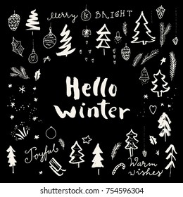 Hello Winter. Merry Christmas doodle calligraphic hand drawn greeting card in black and white. Vector illustration