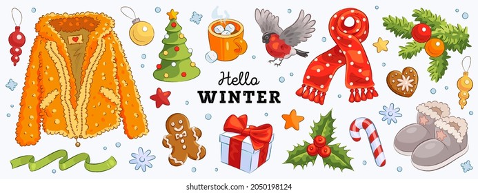 Hello winter and merry christmas hand drawn vector set