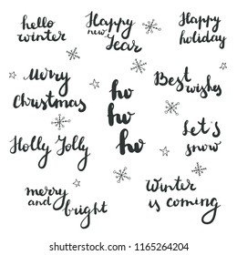 Hello Winter, Merry Christmas, Happy New Year hand-written calligraphy lettering set. Vector illustration. Hand drawn.
