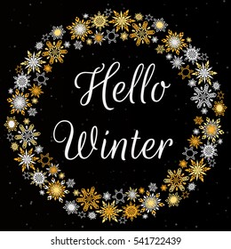 Hello Winter. Merry Christmas. Happy New Year, 2017.  Vector illustration. logo, emblems, text design. for greeting cards, gifts