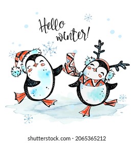 Hello winter. Merry Christmas penguins in hats dancing. New Year's card. Watercolor graphics. Vector