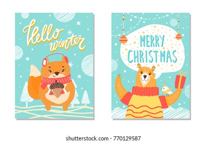 Hello winter and merry Christmas, posters set with bear dressed in sweater and holding present, squirrel and trees isolated on vector illustration