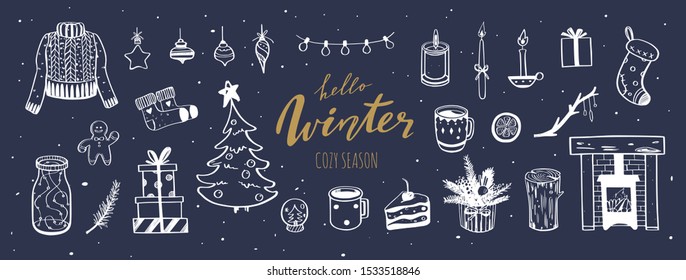 Hello Winter and  Merry Christmas vector hand drawn  set. New year holiday congratulation. Cozy vintage styled collection. Fireplace, christmas tree, decorations and other festive attributes