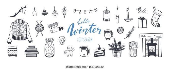 Hello Winter and  Merry Christmas vector hand drawn  set. New year holiday congratulation. Cozy vintage styled collection. Fireplace, christmas tree, decorations and other festive attributes