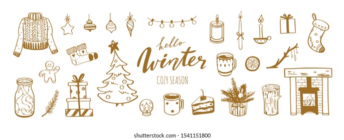 Adiós Invierno y Feliz Navidad vectorial conjunto dibujado a mano. Felicitaciones por vacaciones de año nuevo. Colección de estilo vintage. Chimenea, árbol de Navidad, decoraciones y otros atributos festivos