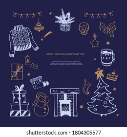 Hello Winter and  Merry Christmas vector hand drawn  set. New year holiday congratulation. Cozy vintage styled collection. Fireplace, christmas tree, decorations and other festive attributes