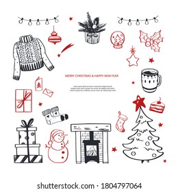Hello Winter and  Merry Christmas vector hand drawn  set. New year holiday congratulation. Cozy vintage styled collection. Fireplace, christmas tree, decorations and other festive attributes