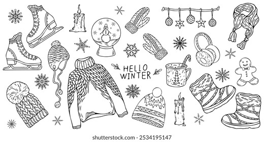 Hello winter and Merry Christmas vector hand drawn set. Congratulations on the New Year's holiday.  New Year attributes for cards, banners, web design, scrapbooking and other holiday designs.