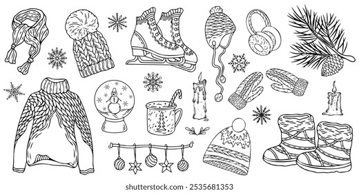 Hello winter and Merry Christmas vector hand drawn set. Congratulations on the New Year's holiday. New Year attributes for cards, banners, web design, scrapbooking and other holiday designs.