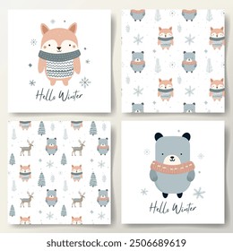 Hello winter minimalistic cards and seamless patterns with cute fox, and polar bear, snowy trees. Christmas poster. Winter animals. 