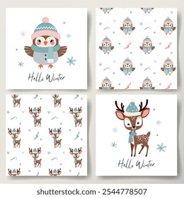 Hello winter minimalistic cards and seamless patterns with cute owl and reindeer. Christmas poster. Winter animals. 