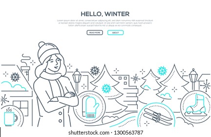 Hello, winter - modern line design style web banner on white background with copy space for text. A young woman in warm clothes, images of pine trees, skates, skis, mittens, city buildings silhouettes