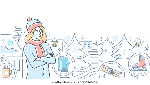 Hello, winter - modern line design style illustration on white background. A colorful composition young woman in warm clothes, images of pine trees, skates, skis, mittens, city buildings silhouettes