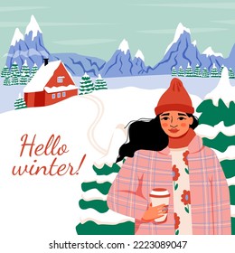 ¡Hola invierno! Montañas, abetos, nieve, una casa acogedora. El paisaje invernal. Mujer con café. Borde vectorial, marco. Perfecto para un cartel de la estación de esquí