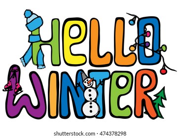Hello winter multicolor card lettering isolated on the white background