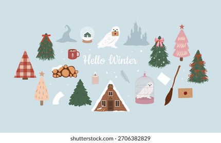 Hello winter. New year Christmas winter greeting card design elements. Magic owl and castle