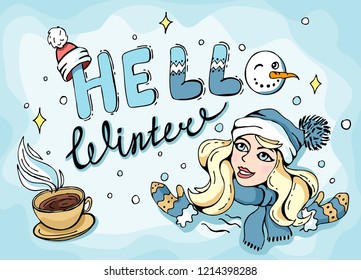 Hello winter! New Year's postcard, invitation, winter. Beautiful girl in a hat and mittens.