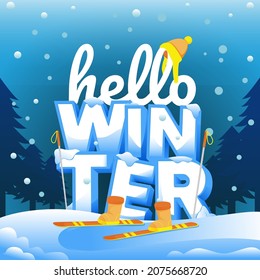 Hello Winter in the Night of Snowfall Illustration 