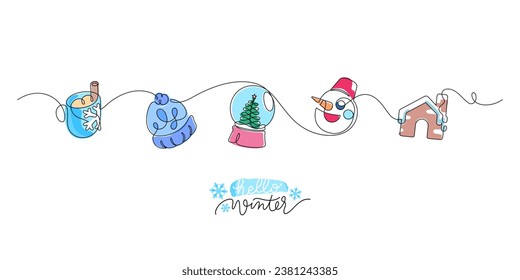 hola invierno un icono de una línea saludo ilustración plana para celebrar,bienvenida temporada de invierno