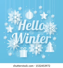 Hello winter. Origami snowfall, tree, star, gift, christmas ball. Vector Illustration.