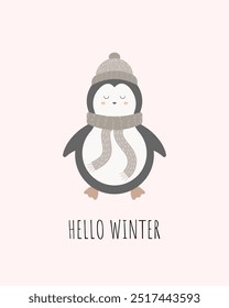 Hello winter. A penguin in winter clothes with a hat and a scarf. Scandinavian style. Hand drawn vector illustration