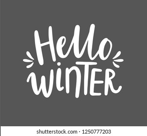 Hello winter phrase. Hand drawn vector brush lettering. Card design with custom calligraphy. Winter season cards, social media.