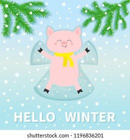 Hello winter. Pig laying on back. Making snow angel. Moving paws. Fir tree. Branch spruce Cute cartoon funny character. Top air view. Flat design. Blue snowflake background. Vector illustration
