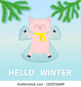 Hello winter. Pig laying on back. Making snow angel. Moving paws. Fir tree. Branch spruce Cute cartoon funny character. Top air view. Flat design. Blue background. Vector illustration