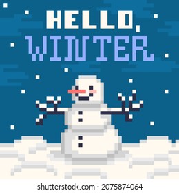 Hello winter, pixel art snowman in a park at night. New Year, Christmas holiday mascot. 8 bit season greeting card. Calendar print scene. Vintage retro 80s, 90s 2d video game, slot machine graphics