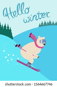 Hello winter. Polar bear on an alpine ski slope. Charming sporty and strong animal wears scarf and ski goggles, likes downhill skiing. Vector postcard with character and hand lettering in flat style. 