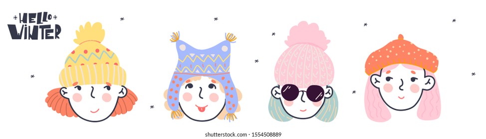 Hello winter. Portraits of various women in warm beautiful hat. Hand drawn doodle set of women faces. Eps 10.