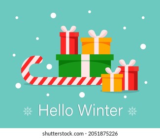 Hola invierno. Diseño postal. Cajas con regalos y copos de nieve en un fondo azul. Ilustración vectorial en estilo plano