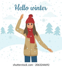 Hello winter, a postcard with a girl in a hat and warm clothes, it's snowing on the background of fir trees on the street. Vector illustration for postcards, banners, designer decor.