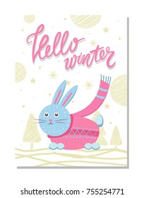 Hello winter postcard with rabbit in pink sweater with scarf on background of snowflakes, abstract snowballs vector illustration poster greeting card
