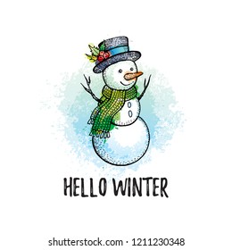Hello Winter poster. Cute snowman in hand drawn doodle sketched style. Holiday concept. Black line icon with color watercolor grunge splash elements. Vector illustration isolated on white background.