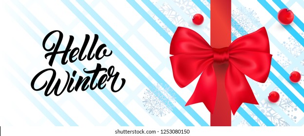 Hello winter poster design with red ribbon. Calligraphy with big red ribbon on white background with blue snowflakes. Can be used for posters, postcards, greetings