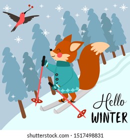 hello winter poster with fox skiing in the forest - vector illustration, eps